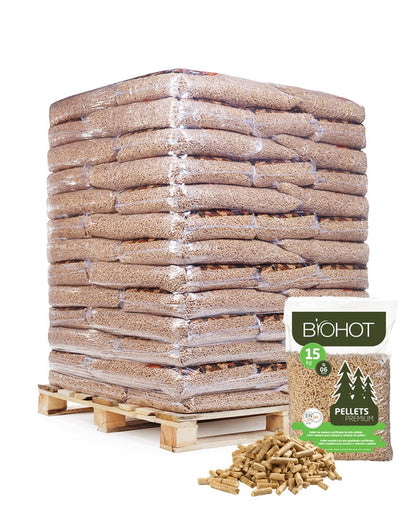 Palet de pellets de madera Biohot (65 x 15 kg) – Combustible ecológico ENplus A1