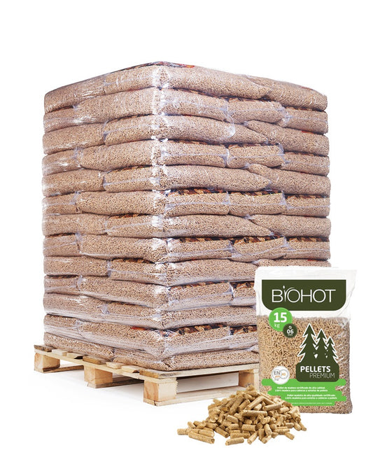 Palet de pellets de madera Biohot (65 x 15 kg) – Combustible ecológico ENplus A1